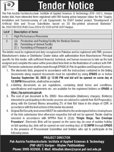 Pak Austria Fachhochschule Institute of Applied Sciences & Technology Haripur Tender Notice